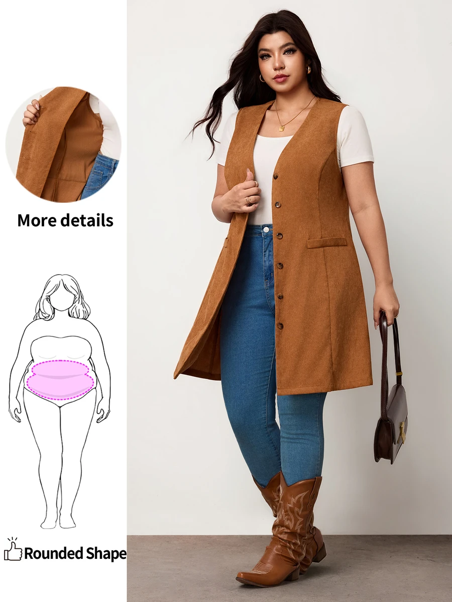 Truni Plus Size Women's Western Style Casual Corduroy Vest Long Coat Pear Body,Triangle Body Fall - Brown - View 1