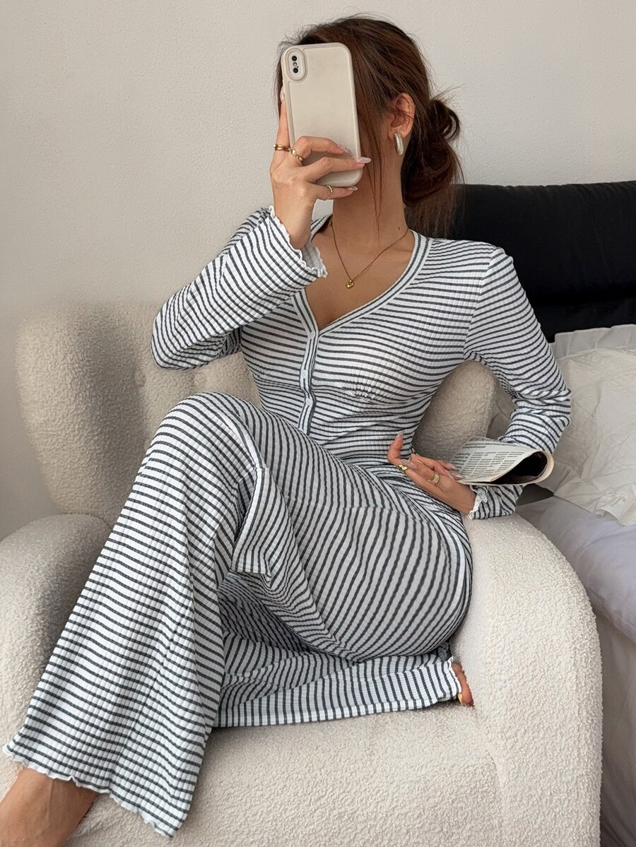 Napfluff Autumn/Winter Women's Loungewear Set, Comfortable Striped Print Cardigan Set - White - View 1