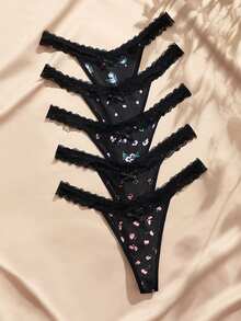 Charlaine Romantic Lace Ditsy Floral Elegant Flower Thong Panties 5pcs Set - Multicolor - View 1