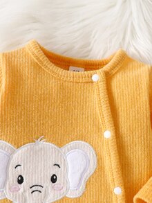 SHEIN 新生兒男嬰中性連身衣 可愛黃色大象刺繡 羅紋長袖圓領 生日派對 秋冬節日聖誕 - 黃色 - 查看 5