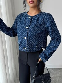 Elenzga Allover Print Button Front Crop Denim Jacket - Blue - View 3