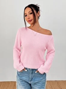 SHEIN PETITE Women's Solid Color One Shoulder Casual Daily Long Sleeve Sweater - Pink - View 3