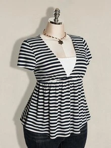 SHEIN ICON 女款大尺碼條紋兩件式休閒日常短袖T恤 - 藏蓝色 - 查看 2
