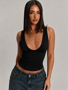 SHEIN BAE 95%棉女款休閒性感修身深V領背心上衣 - 黑色 - 查看 5