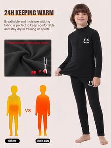 SHEIN 2 Pieces Tween Boy Casual Pure Color Warm Middle Collar Long Sleeve Shirt And Long Pants Underwear Set Suitable For Base Warm Clothes - Multicolor - View 3