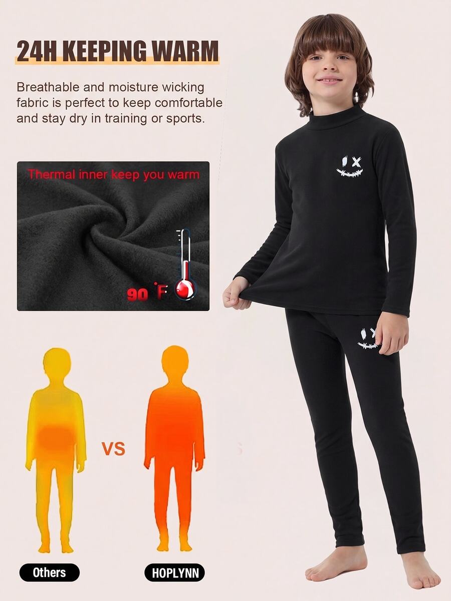 SHEIN 2 Pieces Tween Boy Casual Pure Color Warm Middle Collar Long Sleeve Shirt And Long Pants Underwear Set Suitable For Base Warm Clothes - Multicolor - View 1