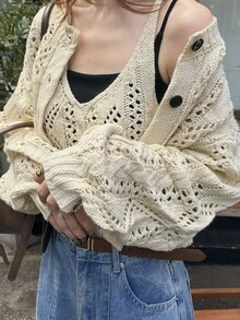 FRIFUL Setelan Sweater Wanita 2 Potong dengan Desain Berongga dan Kancing Satu Baris, Cocok untuk Kencan, Liburan, Pesta, Brunch, Warna Putih Krem untuk Musim Gugur dan Musim Dingin - Khaki - View 2