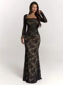 SHEIN BAE Women's Square Neck Lace Top And Lace Long Skirt Elegant Set - Black - View 5