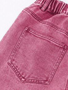 SHEIN ChillGRL Tween Girl New Fashion Snowflake Washed Distressed Design Embroidered Wide Leg Denim Jeans - Pink - View 4