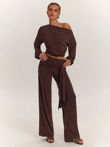 SHEIN BAE Fall Clothes For Women Sexy Asymmetrical Shoulder Top & Tie Waist Long Pants Brown Two Pieces Set Elegant Set Casual Set - Brown - View 5
