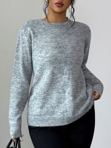 SHEIN Elenzya 女款秋季新款圓領素色合身寬鬆百搭通勤時尚設計後背蝴蝶結開衩針織套頭長袖毛衣單件 - 灰色 - 查看 6