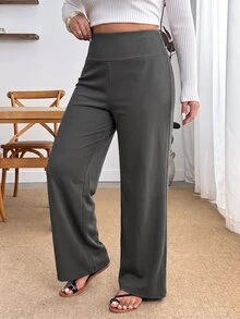 SHEIN PETITE CURVE 大尺碼女款純色高腰長褲，極簡日常穿搭，適合約會、度假、派對、日常外出、聚會、戶外活動 - 灰色 - 查看 8
