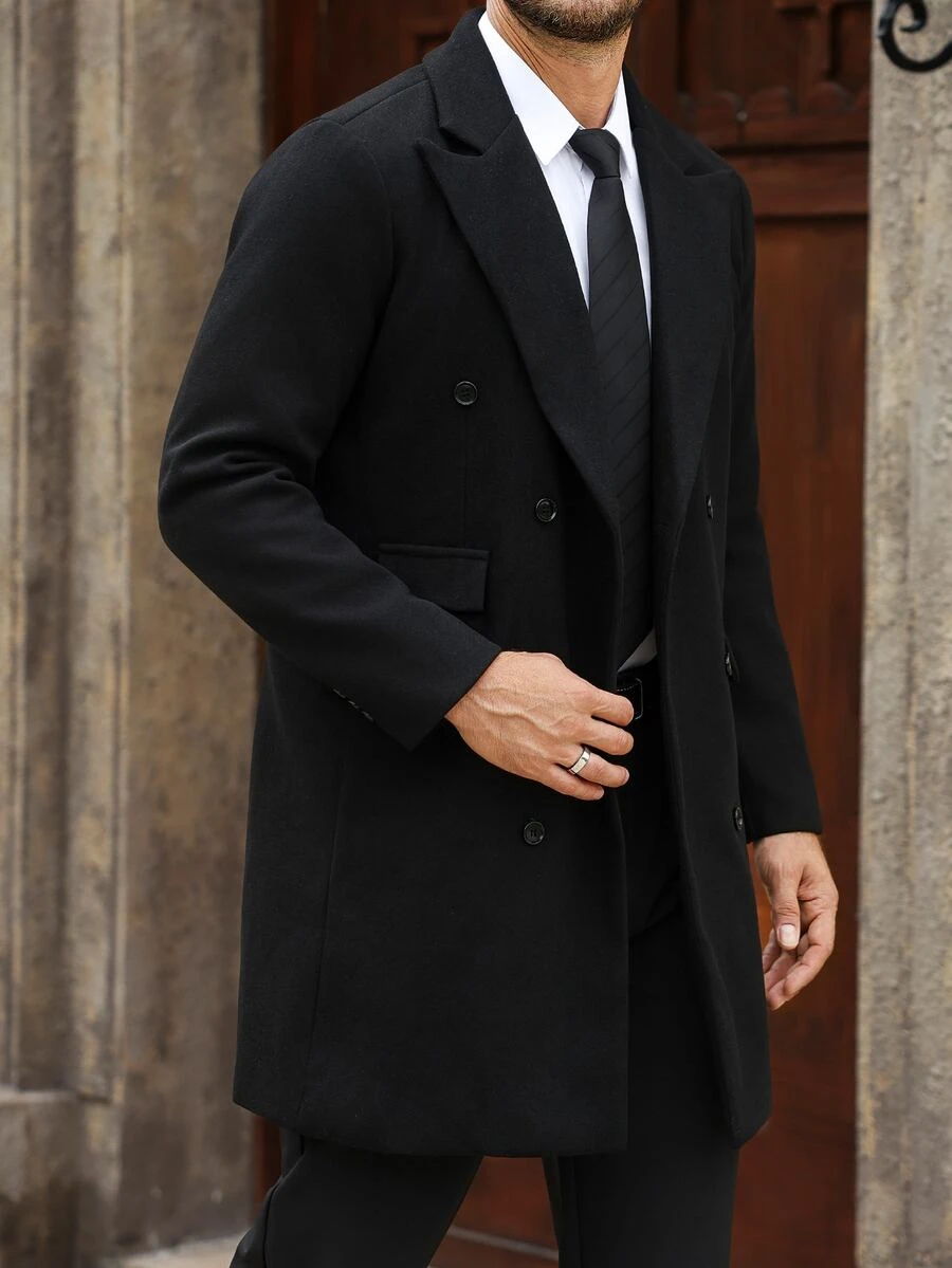 Manfinity Homme Men's Solid Color Double-Breasted Button Front Long-Sleeve Coat With Pockets, Autumn Wear, Winter Outfit - Black - View 1