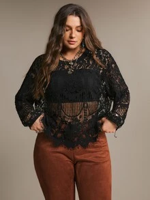 Freevana Plus Size Women Fashion Party Lace Long Sleeve Blouse - Black - View 3