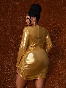 Maweii Plus Size Women Sexy Fashion New Party Short Bodycon Bodycon Dress Fall - Gold - View 4