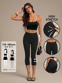 SHEIN Tall 高腰波點印花七分緊身褲 - 黑色 - 查看 1
