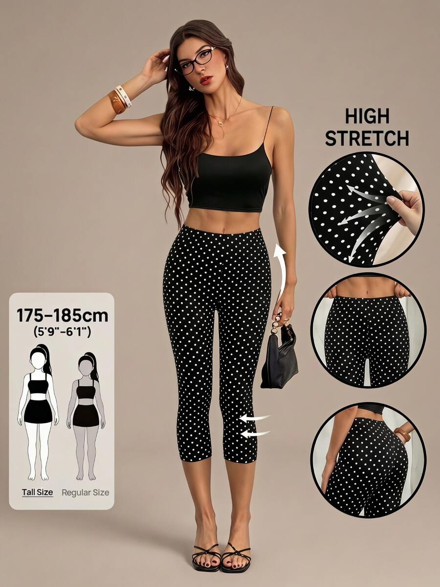 SHEIN Tall 高腰波點印花七分緊身褲 - 黑色 - 查看 1