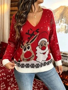 Linhara Plus Size Women's V-Neck Long Sleeve Christmas Print Pullover Casual Sweater - Red - View 3