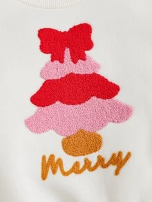 SHEIN 嬰兒紅色聖誕樹與字母刺繡毛巾圖案白色圓領長袖套頭運動衫 - 米色 - 查看 4