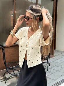 Serisse Cardigan Rajut Lengan Pendek Leher V Kancing Depan Motif Polkadot Blok Warna Kasual untuk Wanita, Atasan Kasual dan Elegan. Sweater Musim Gugur dan Musim Dingin untuk Wanita - Kuning - View 5
