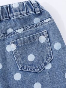SHEIN 女童波點牛仔套裝 淺藍水洗短版牛仔夾克與直筒牛仔褲 2件組 秋季甜美休閒校園風少女服飾 - 淺色水洗藍 - 查看 7