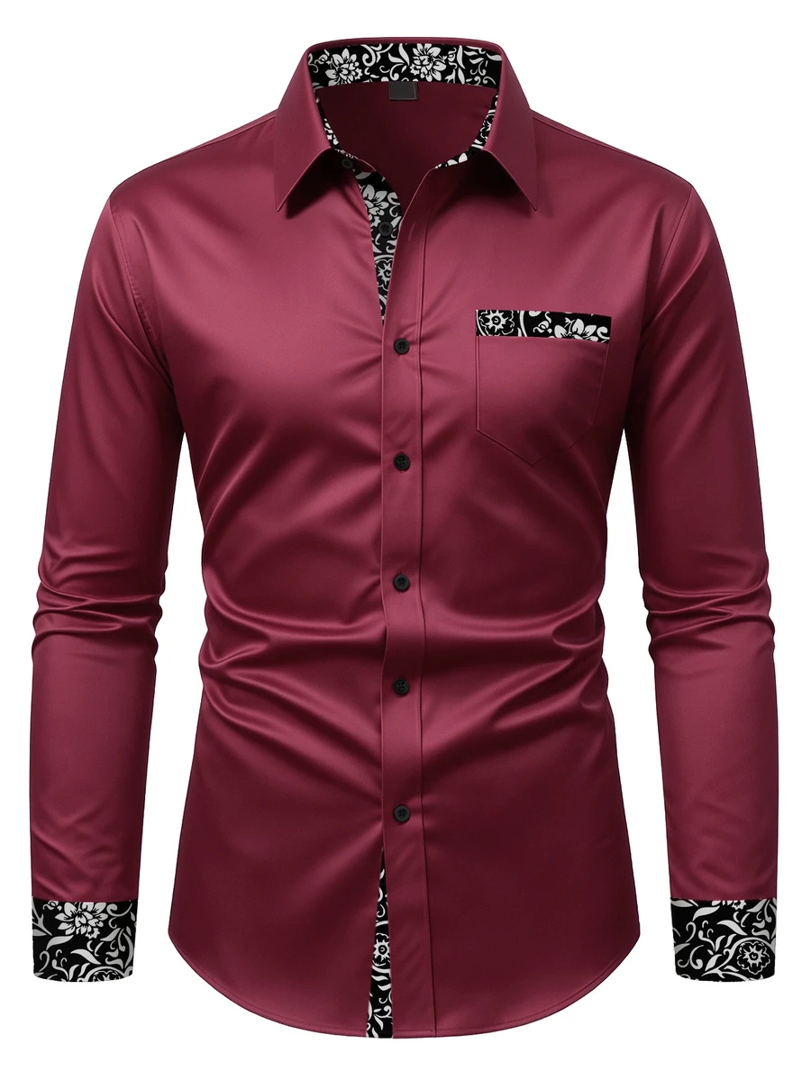 Manfinity Bizformal 男士襯衫精選-工藝系列:時尚拼接商務休閒長袖襯衫 - 酒紅色 - 查看 1