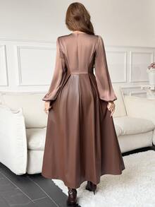 Feyla Women's V-Neck Petal Sleeve Pleated Long Dress - Brown - View 2