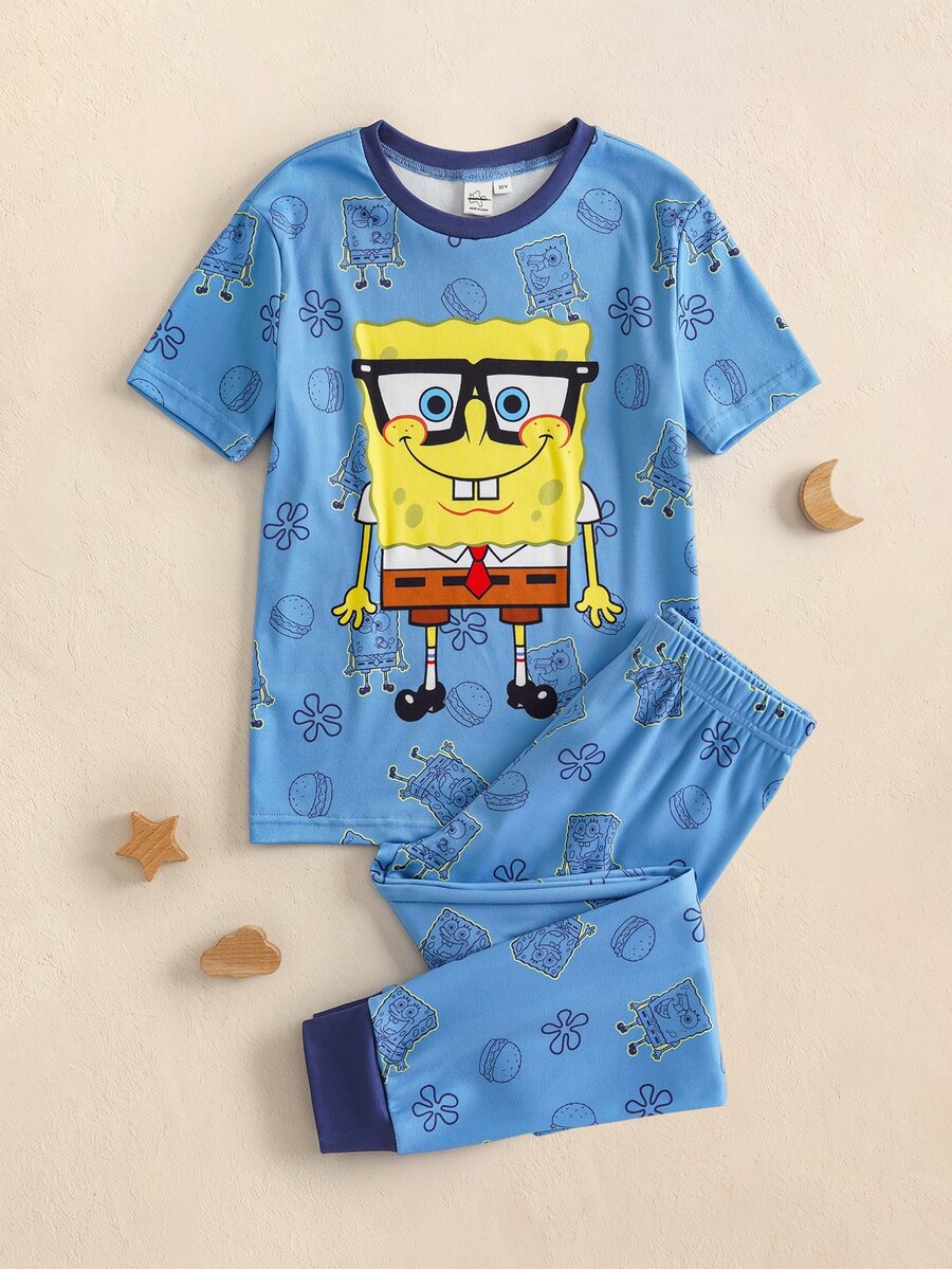 SpongeBob SquarePants | SHEIN 大童男孩卡通印花短袖上衣與長褲休閒日常居家睡衣套裝 - 藍色 - 查看 1