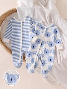 2pcs Set Newborn Long Sleeve Footed Rompers Cute Cartoon Animal Ribbed Print Baby Bodysuits Soft Ribbed Fabric Skin-Friendly Cozy All Season Crawl Suits - Multicolor - View 4