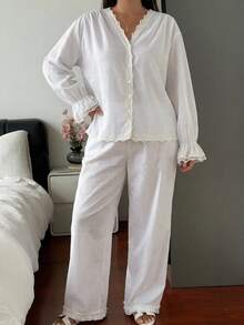 Dazy Plus 2pcs Lace Patchwork Casual Minimalist Long Pants Home Wear Spring Autumn Pajama Set - White - View 6