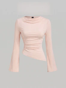 SHEIN MOD 女款 2 件組 酒紅與杏色圓領抓皺喇叭袖收腰不對稱下擺百搭長袖 T 恤打底衫 - 紫丁香色 - 查看 6