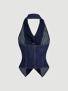 Sweetra Women's Single-Breasted Halter Neck Top And Long Pants Casual Everyday Denim Set - Blue - View 15