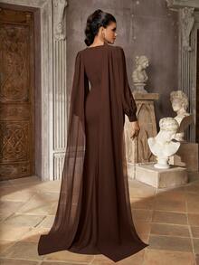 Aureia Elegant Chiffon Pleated Rhinestone Decor Cinched Waist Dress Suitable For Weddings, Parties - Khaki - View 3