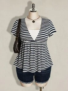 SHEIN ICON 女款大尺碼條紋兩件式休閒日常短袖T恤 - 藏蓝色 - 查看 11