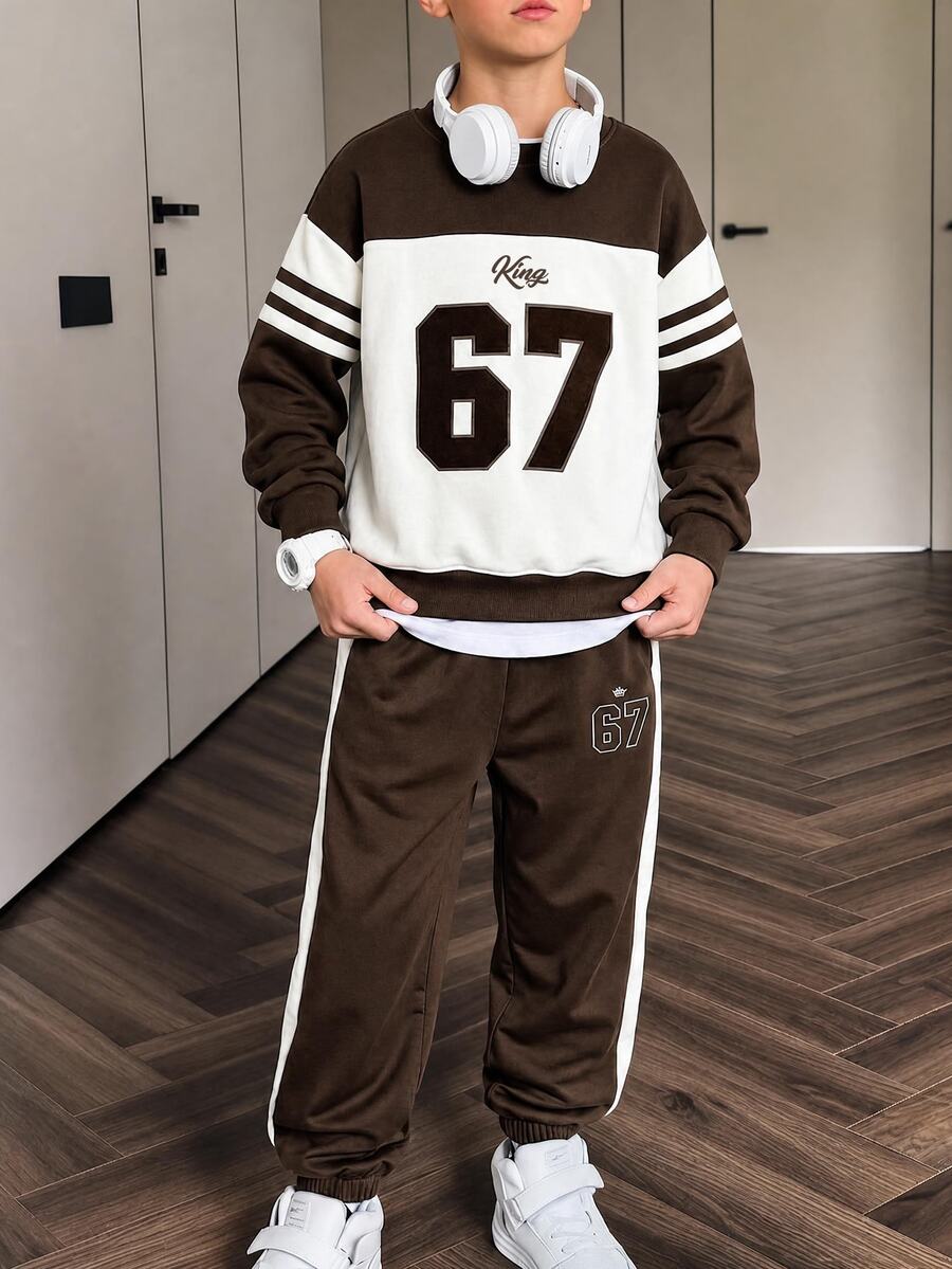 2件組青少年男孩運動衫套裝,數字印花,休閒時尚舒適運動衫套裝,數位印花,長袖上衣,套裝,秋冬穿著,男孩棕色圓領運動衫上衣與棕色運動長褲套裝 - 彩色 - 查看 1