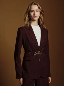 Anewsta Essential Anewsta Elegant Women's Metal Chain Decor Waist Belt Adjustable Silhouette Commuter Blazer Jacket - Burgundy - View 7