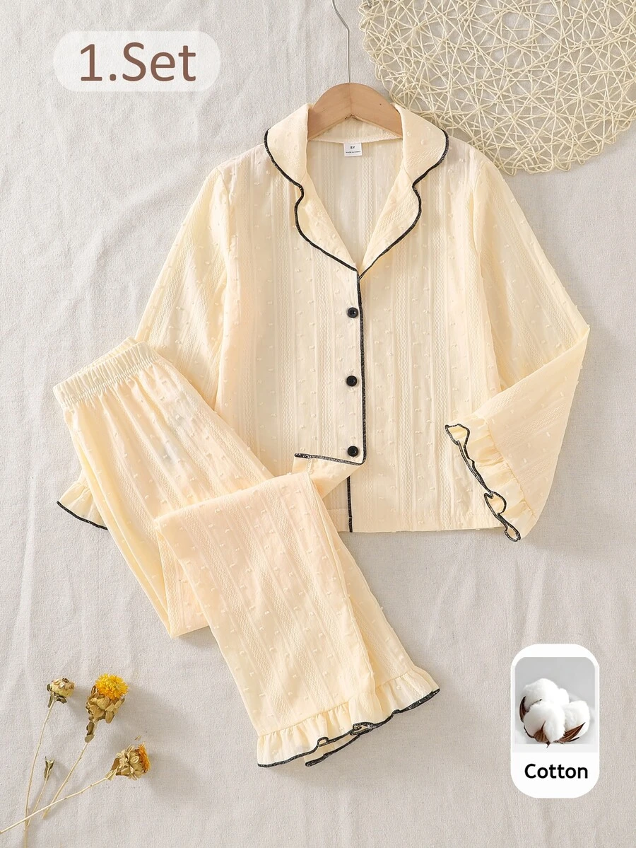 Tween Girl Swiss Dot Contrast Binding Bell Sleeve Button Front Pajamas Set - Apricot - View 1