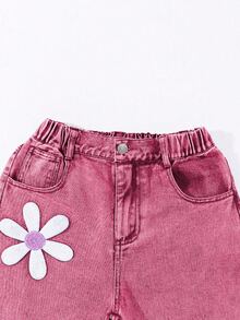 SHEIN ChillGRL Tween Girl New Fashion Snowflake Washed Distressed Design Embroidered Wide Leg Denim Jeans - Pink - View 6