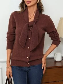 EMERY ROSE Women's Autumn New Fashion Loose Slimming Knit Cardigan Jacket With Scarf Collar, Elegant Niche Design For Party, Birthday, Business Casual And Commute - Brown - View 1