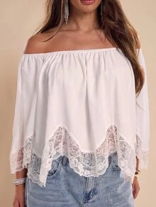Bluhae Blus Wanita Crop Musim Semi Panas Warna Beige dengan Bahu Terbuka, Patchwork Renda, Longgar, Ruffle, Lengan Batwing, Bahan Sifon, untuk Kencan, Belanja, Liburan, Gaya Pure Desire yang Menawan - Putih - View 3