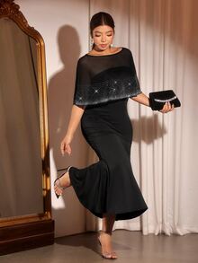 Cravure Plus Size Women's Autumn/Winter New Black Knit Off-Shoulder Mesh Shawl Rhinestone High Waist Slimming Mermaid Long Dress For Formal Occasions, Party, Banquet - Black - View 1