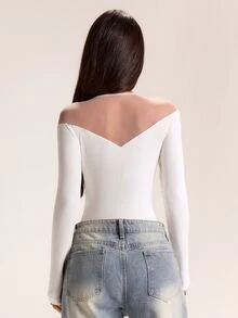 SHEIN BAE Autumn/Winter Solid White Ribbed Knit Long Sleeve Sheer Patchwork Women's Bodysuit - White - View 2