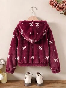 SHEIN Genkimix Kids 1件少女甜美軟萌風酒紅色外套，毛絨面料觸感柔軟，滿版白色蝴蝶結與波點印花，全連帽設計，前襟同色拉鍊方便穿脫，緊口袖口與下擺，寬鬆版型，適合日常出遊、購物、玩耍，秋冬加厚款 - 酒紅色 - 查看 2