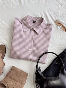 Dazy Kids Tween Girl) Striped Casual Collared Long Sleeve Autumn/Winter Basic Loose Shirt - Purple - View 7