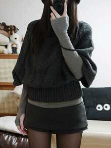 DAZY Dark Gray Cable Knit Crew Neck 2 In 1 Patchwork Loose Batwing Sleeve Long Sleeve Casual Knit Sweater - Grey - View 4
