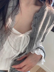 DAZY Women's Long Sleeve Button Knit Lace Cardigan - Grey - View 4