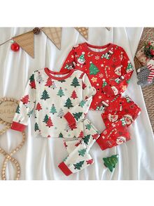 Loomiva Baby Boy Snug Fit Pajama Set, Christmas Pattern Christmas Tree Santa Claus Gingerbread Man Red Color Scheme Crew Neck Long Sleeve Pullover Top & Fitted Pants 2-Piece Set - Grey - View 8