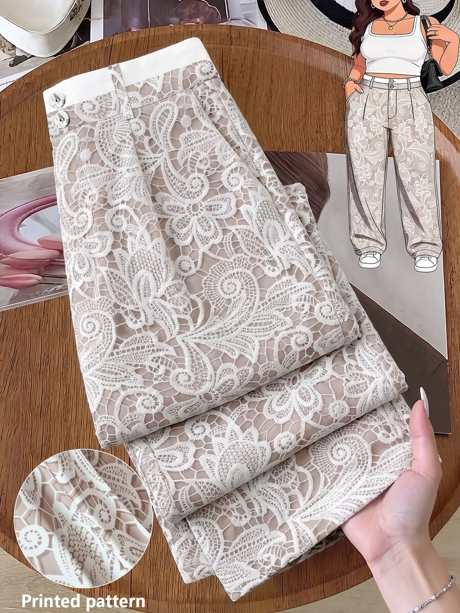 GlowEve CURVE Quần ống rộng họa tiết paisley size lớn - Màu be - Xem 1