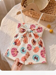 SHEIN رومبير كامي مطبوع بفيونكة لطيف وكاجوال للصيف للبنات الصغيرات - متعدد الألوان - مشاهدة 3
