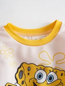 SpongeBob SquarePants | SHEIN 男嬰卡通圖案長袖運動衫與運動長褲休閒日常套裝 - 黃色 - 查看 3